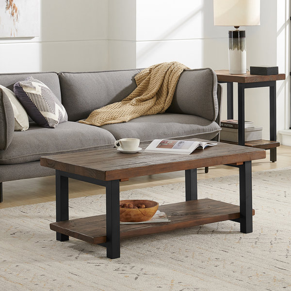 Rundell Pomona Rustic Industrial Modern Vintage Metal and Solid Wood Coffee Table Easy Assembly 42 in x 24 in x 18 in Trent Austin Design Table Top